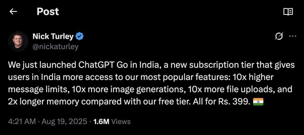 OpenAI debuts ChatGPT subscription in India priced at less than $5 1 0DBF36B3 78CD 418C 946D 6530DF5C5BC9